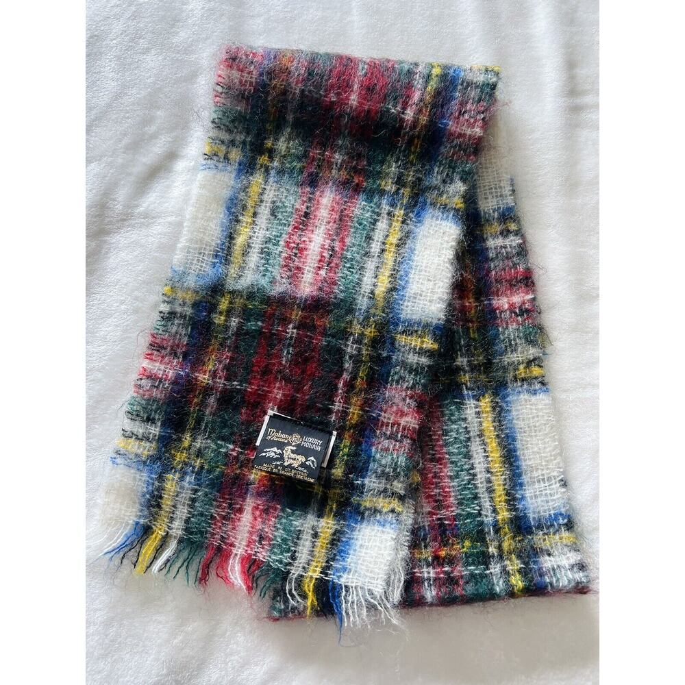 VTG Maban Of Scotland Mohair & Wool Scarf Multicolor Plaid Fringe 9" x 70”